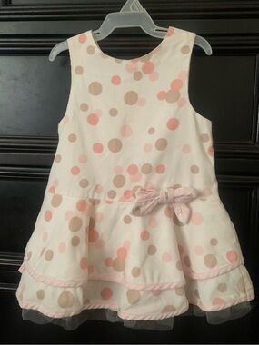 Girls' Sleeveless Polka Dot Dress with Bow - Pink & Beige